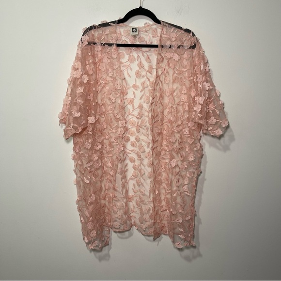 Anne Klein Women’s Blush Pink Floral Mesh sheer oversized Kimono Jacket XXS/XS - Picture 3 of 10